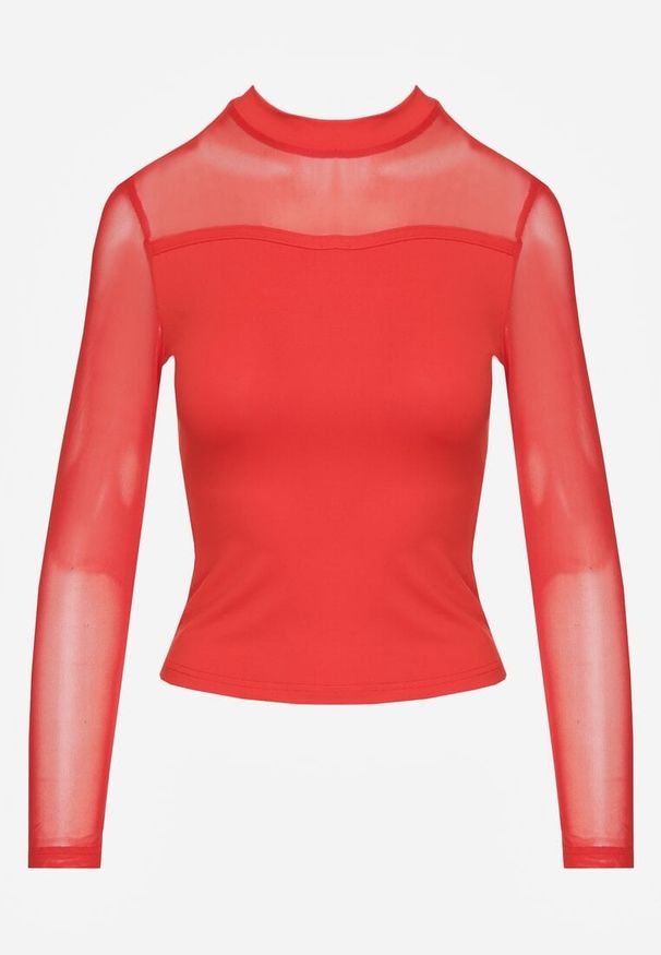 Renee - Czerwona Bluzka Golf Vices z Przezroczystymi Rękawami Kariale. Okazja: na co dzień. Typ kołnierza: golf. Kolor: czerwony. Materiał: jeans. Styl: elegancki, casual