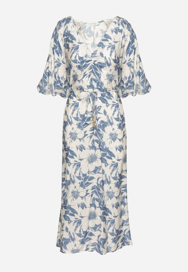 Born2be - Niebiesko-Biała Rozkloszowana Sukienka z Wiskozy Wykończona Bufiastymi Rękawami Maranea. Okazja: na co dzień. Typ kołnierza: dekolt w serek. Kolor: niebieski. Materiał: wiskoza. Typ sukienki: w kształcie A, proste. Styl: klasyczny, casual, elegancki