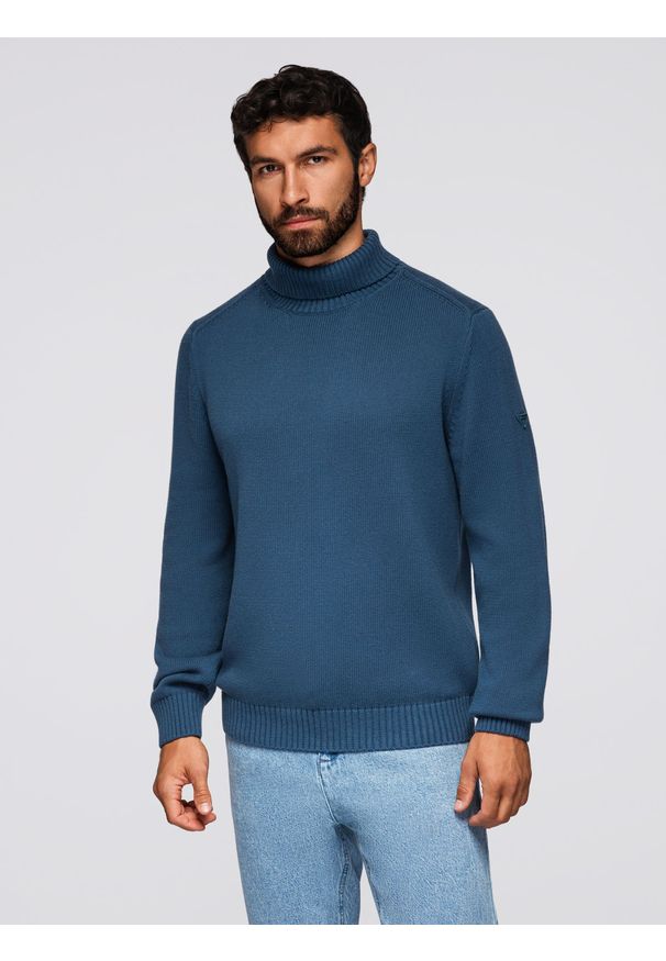 Ombre Clothing - Męski golf sweter z dzianiny – ciemnoniebieski V2 - Rozmiar: XL. Okazja: na co dzień, do pracy. Typ kołnierza: golf. Kolor: niebieski. Materiał: dzianina. Wzór: gładki, ze splotem. Styl: casual, klasyczny