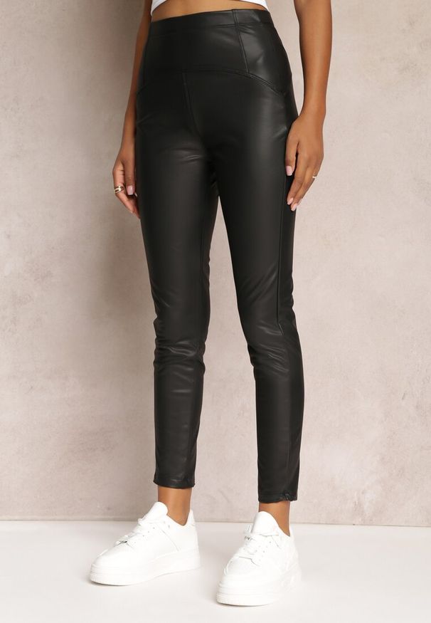 Renee - Czarne Legginsy High Waist z Ekoskóry Wasica. Stan: podwyższony. Kolor: czarny. Materiał: skóra. Długość: długie. Wzór: gładki