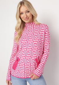 Born2be - Fuksjowy Sweter z Półgolfem o Geometrycznym Wzorze i Ozdobnymi Suwakami Waqaia. Kolor: różowy. Materiał: dzianina. Wzór: geometria. Sezon: jesień, zima #3