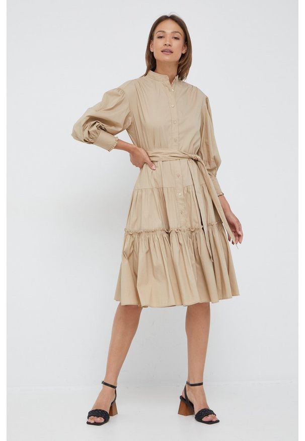 Lauren Ralph Lauren sukienka kolor beżowy mini rozkloszowana. Typ kołnierza: kołnierzyk stójkowy. Kolor: beżowy. Materiał: tkanina. Długość rękawa: długi rękaw. Wzór: gładki. Typ sukienki: rozkloszowane. Długość: mini