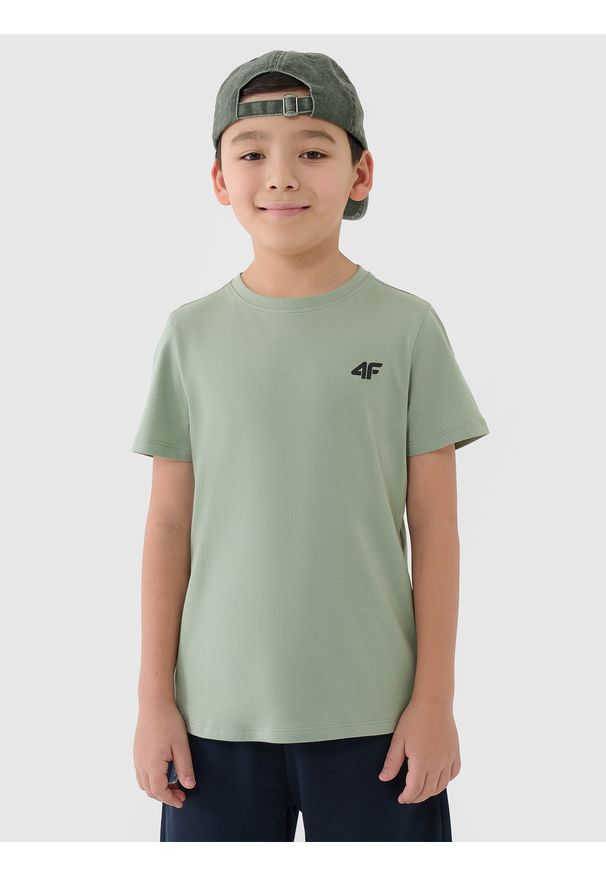4f - 4F T-shirt regular gładki chłopięcy - turkusowy 146 (10-11 lat). Okazja: na co dzień. Kolor: turkusowy. Materiał: jersey, dzianina, bawełna. Długość rękawa: krótki rękaw. Długość: krótkie. Wzór: gładki. Sezon: lato. Styl: casual, sportowy, klasyczny