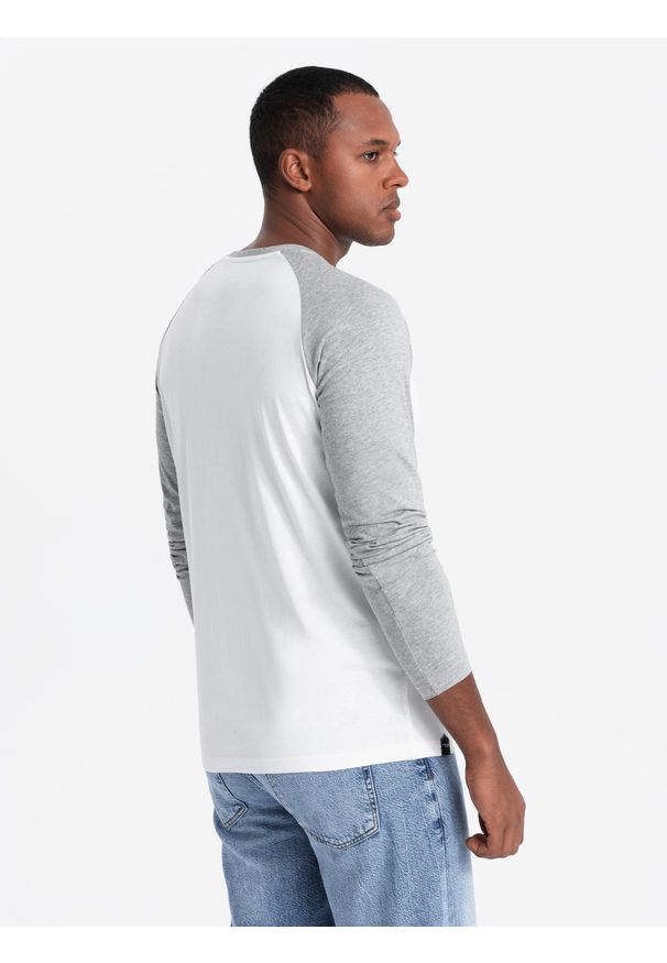 Ombre Clothing - Longsleeve męski z raglanowymi kontrastowymi rękawami – biało-szary V5 OM-LSCL-0105 - XXL. Okazja: na co dzień. Kolor: szary. Materiał: jersey, materiał, bawełna, dzianina, skóra. Długość rękawa: długi rękaw. Wzór: ze splotem. Styl: klasyczny, casual