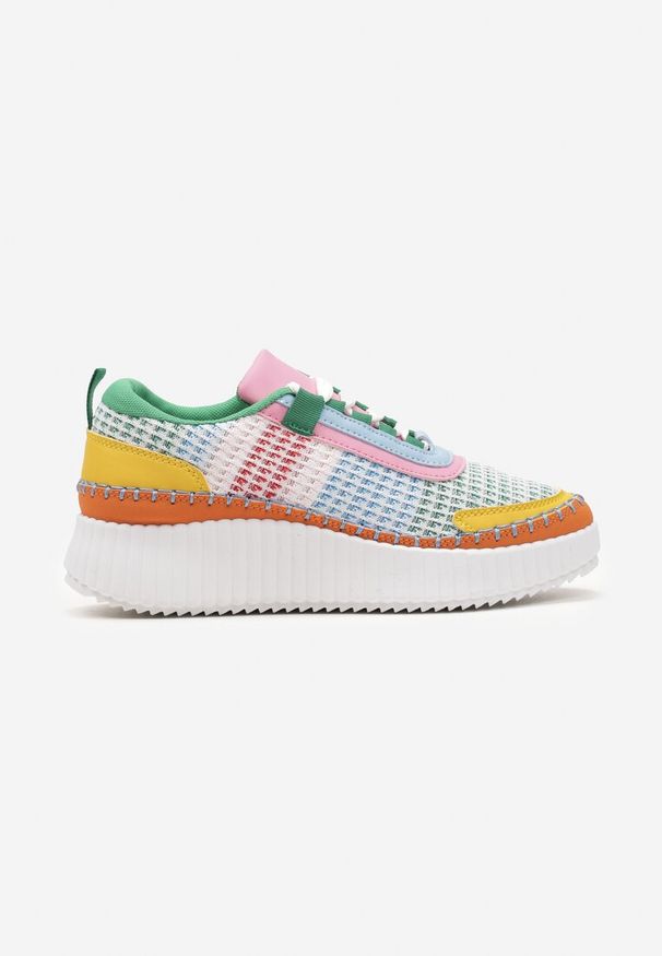 Renee - Zielono-Pomarańczowe Sznurowane Sneakersy na Grubej Podeszwie do Kostki Pasapia. Nosek buta: okrągły. Zapięcie: sznurówki. Kolor: zielony. Materiał: materiał. Obcas: na obcasie. Wysokość obcasa: niski