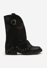 Born2be - Czarne Botki z Wywiniętą Cholewką Zdobione Nitami i Klamerką Rilenaria. Okazja: na co dzień. Kolor: czarny. Materiał: jeans. Szerokość cholewki: normalna. Wzór: aplikacja. Styl: casual, elegancki #5