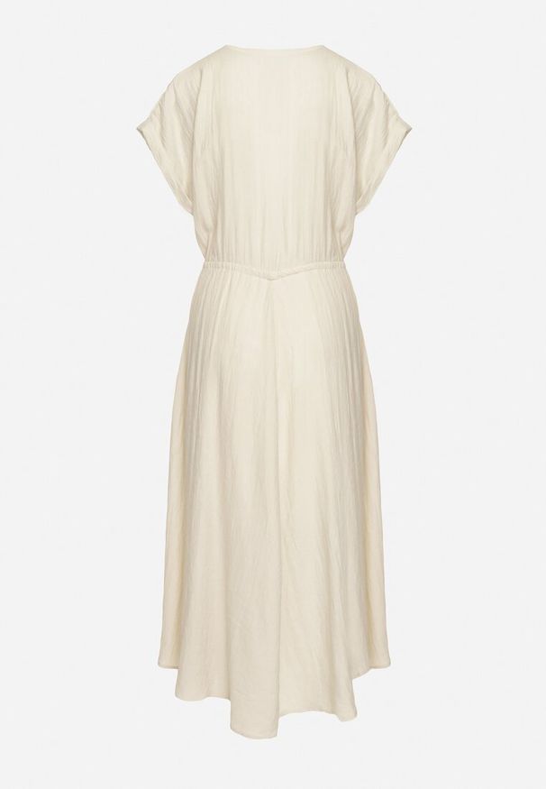 Born2be - Beżowa Wiskozowa Rozkloszowana Sukienka z Gumką w Talii Ozdobiona Guzikami Lemvia. Okazja: na spotkanie biznesowe. Kolor: beżowy. Materiał: wiskoza. Wzór: aplikacja. Typ sukienki: rozkloszowane, sportowe. Styl: elegancki, klasyczny, sportowy, biznesowy