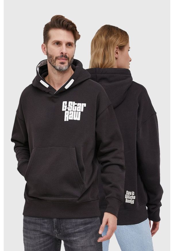 G-Star RAW - G-Star Raw Bluza kolor czarny z kapturem z nadrukiem. Okazja: na co dzień. Typ kołnierza: kaptur. Kolor: czarny. Wzór: nadruk. Styl: casual