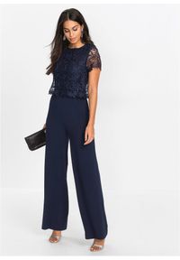 bonprix - Kombinezon z miękkiej dzianiny scuba z koronką. Kolor: niebieski. Materiał: dzianina, koronka. Długość rękawa: krótki rękaw. Długość: krótkie. Wzór: koronka #2