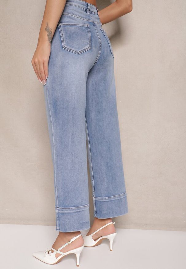 Renee - Niebieskie Szerokie Jeansy z Bawełną High Waist z Mankietami Dlinntia. Okazja: na co dzień. Stan: podwyższony. Kolor: niebieski. Styl: klasyczny, casual, elegancki