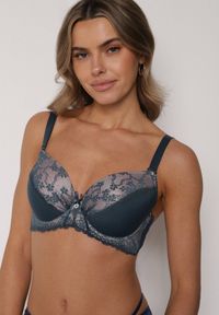 Born2be - Ciemnozielony Biustonosz Ozdobiony Cyrkoniami i Koronką Corraella. Kolor: zielony. Materiał: koronka. Wzór: koronka, aplikacja #7