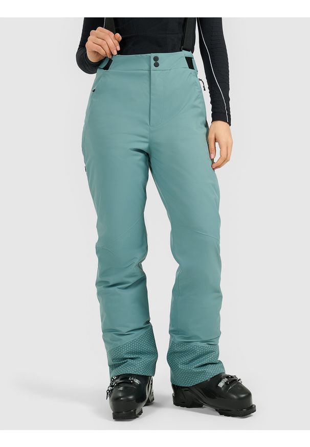 4f - 4F Spodnie narciarskie z szelkami membrana Dermizax 20000 damskie - oliwkowe XL. Kolor: oliwkowy, brązowy, wielokolorowy. Materiał: materiał. Technologia: Dermizax. Sezon: zima. Sport: narciarstwo