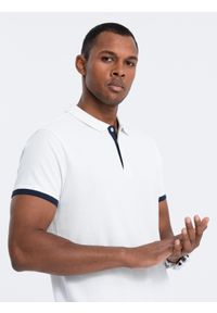 Ombre Clothing - Bawełniana męska koszulka polo z kontrastowymi wykończeniami – biała V1 - Rozmiar: XL. Typ kołnierza: polo. Kolor: biały. Materiał: bawełna. Wzór: haft