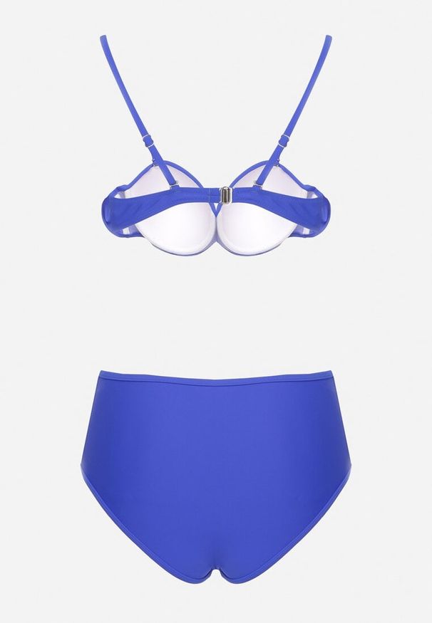 Renee - Niebieskie Bikini Biustonosz i Majtki Figi High Waist z Siateczkowymi Zdobieniami Kinovia. Stan: podwyższony. Kolor: niebieski. Wzór: aplikacja