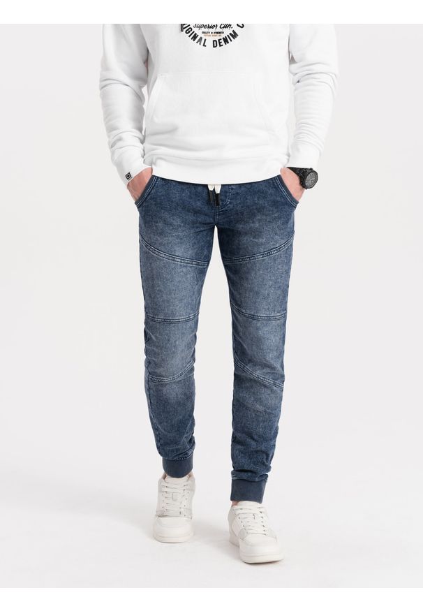 Ombre Clothing - Spodnie męskie marmurkowe JOGGERY z przeszyciami - niebieskie V1 - Rozmiar: XXL. Kolor: niebieski. Materiał: poliester, jeans, bawełna