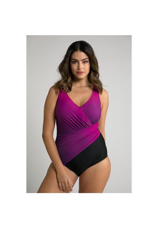 ULLA POPKEN - Damski Cieniowany kostium kąpielowy usztywniane miseczki faktura drapowanie. Kolekcja: plus size. Kolor: różowy. Materiał: poliester, poliamid, materiał, elastan
