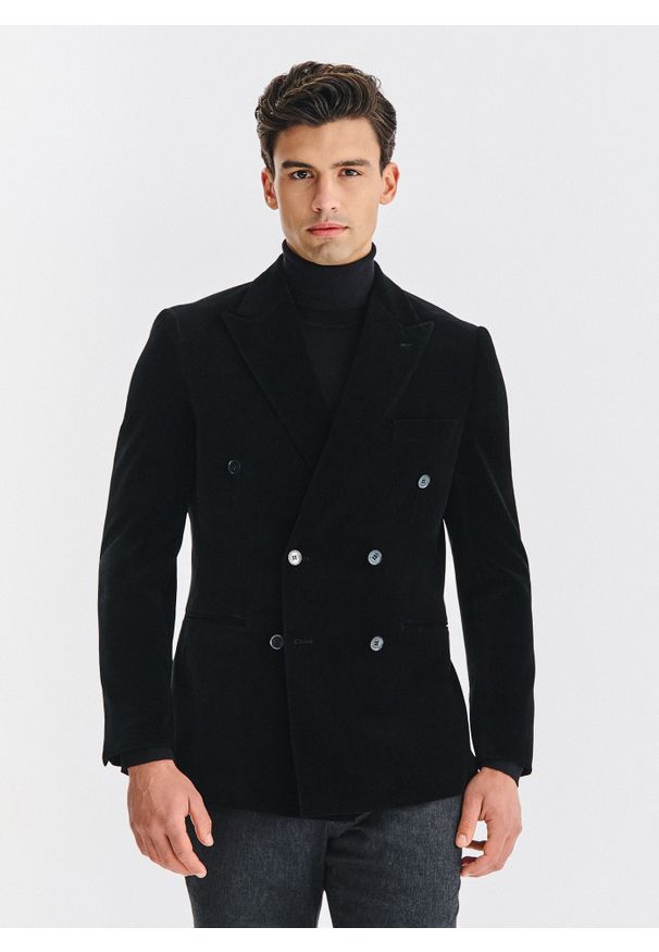 Pako Lorente - PAKO LORENTE – Czarna dwurzędowa marynarka męska. Okazja: na karnawał. Kolor: czarny. Materiał: bawełna, poliester