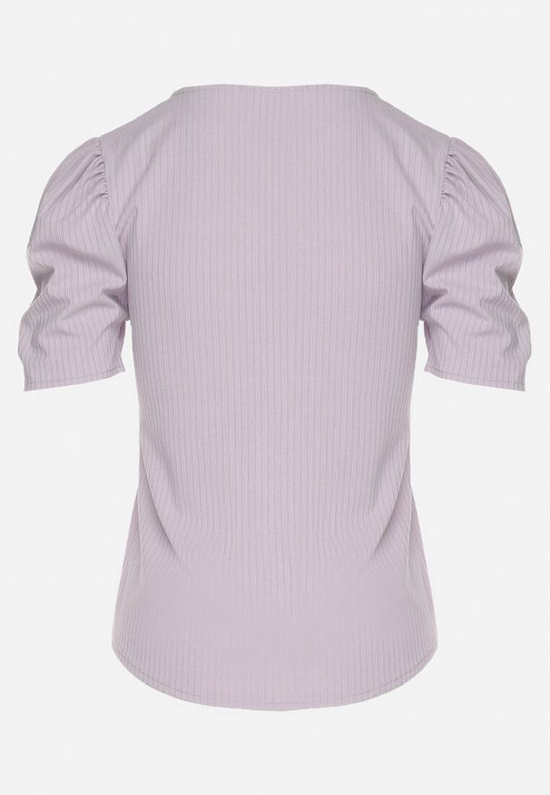 Born2be - Jasnofioletowy Prążkowany T-shirt z Zakładkami przy Rękawach Kolanovia. Okazja: na co dzień. Kolor: fioletowy. Materiał: prążkowany. Styl: casual