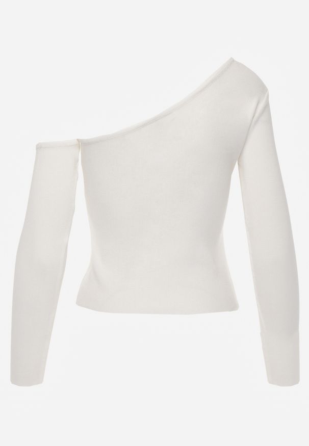 Renee - Biała Bluzka z Wiskozy o Asymetrycznym Kroju z Aplikacją 3D z Kwiatem Cheleta. Okazja: na imprezę. Kolor: biały. Materiał: wiskoza. Wzór: kwiaty, aplikacja