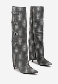 Born2be - Czarne Jeansowe Kozaki na Szpilce z Wywiniętą Cholewką Rialetta. Okazja: na co dzień. Zapięcie: zamek. Kolor: czarny. Materiał: jeans. Szerokość cholewki: normalna. Obcas: na szpilce. Styl: casual #6