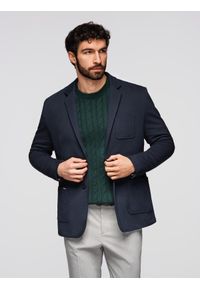 Ombre Clothing - Męska marynarka SLIM z dzianiny o subtelnej strukturze – granatowa V3. Okazja: do pracy. Kolor: niebieski. Materiał: dzianina. Wzór: kolorowy. Styl: klasyczny