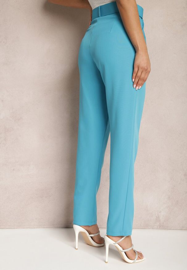 Renee - Niebieskie Spodnie Garniturowe High Waist z Paskiem Wenus. Okazja: na co dzień, na spotkanie biznesowe. Stan: podwyższony. Kolor: niebieski. Materiał: materiał, tkanina. Wzór: gładki, jednolity. Styl: biznesowy, casual