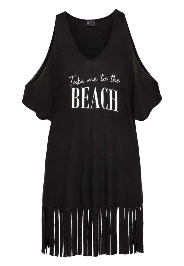 Shirt plażowy z wycięciami i frędzlami bonprix czarny. Okazja: na plażę. Kolor: czarny
