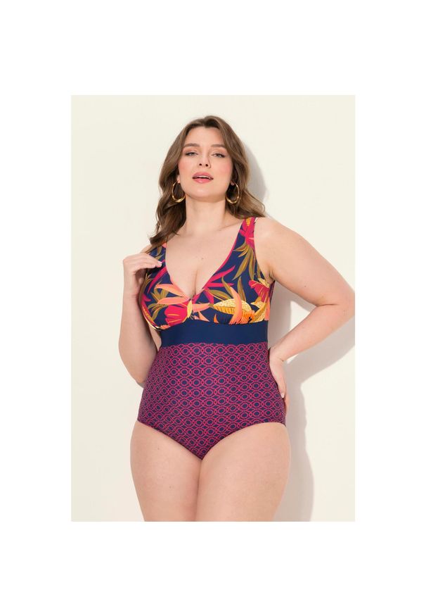ULLA POPKEN - Damski Kostium kąpielowy wzór w liście miękkie miseczki z recyklingu. Kolekcja: plus size. Kolor: niebieski. Materiał: poliamid, materiał, elastan