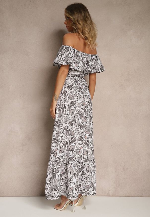 Renee - Ciemnoszara Kwiatowa Sukienka Typu Hiszpanka z Bawełną Tiarice. Okazja: na imprezę, na co dzień. Typ kołnierza: dekolt hiszpanka. Kolor: szary. Materiał: bawełna. Wzór: kwiaty. Sezon: lato. Typ sukienki: proste. Styl: casual, elegancki