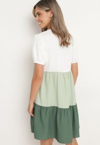 Born2be - Beżowo-Zielona Pudełkowa Sukienka z Haftem przy Dekolcie Moetta. Kolor: beżowy. Wzór: haft #4