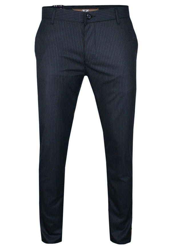 Tomy Walker - Granatowe Casualowe Spodnie Męskie, Slimowane -TOMY WALKER- Zwężane, Chinosy, Tłoczony Wzór, w Paski. Okazja: na co dzień. Kolor: niebieski. Materiał: wiskoza, elastan, poliester. Wzór: paski. Styl: casual