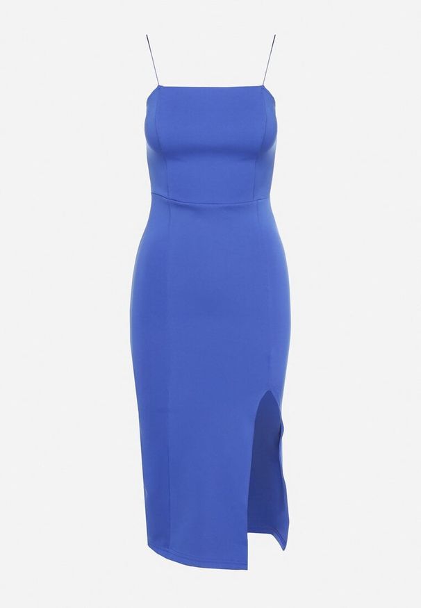 Born2be - Granatowa Koktajlowa Sukienka Bodycon na Cienkich Ramiączkach z Rozcięciem Melantia. Kolor: niebieski. Długość rękawa: na ramiączkach. Typ sukienki: bodycon. Styl: wizytowy