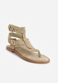 Renee - Zielone Sandały Japonki z Dwoma Klamrami w Stylu Boho Iaonome. Okazja: na co dzień. Zapięcie: klamry. Kolor: zielony. Materiał: jeans, len. Styl: boho #9