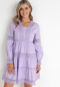 Born2be - Fioletowa Sukienka Mini z Koronkowymi Wstawkami i Rozkloszowanym Dołem Femona. Okazja: na co dzień. Kolor: fioletowy. Materiał: koronka. Typ sukienki: proste. Styl: casual. Długość: mini #3
