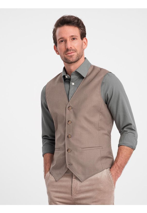 Ombre Clothing - Kamizelka męska garniturowa bez klap - beżowa V2. Kolor: beżowy. Materiał: tkanina, poliester. Wzór: gładki, jednolity. Styl: elegancki