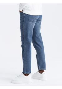 Ombre Clothing - Męskie jeansowe spodnie TAPERED FIT z dziurami – ciemnoniebieskie V3. Kolor: niebieski. Materiał: jeans. Wzór: aplikacja. Styl: retro, elegancki, vintage #7
