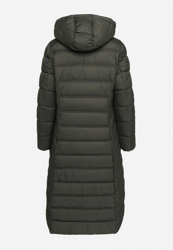 Born2be - Ciemnozielona Kurtka Pikowana o Długim Fasonie z Odpinanym Kapturem Reanora. Okazja: na co dzień, na spacer, do pracy. Kolor: zielony. Materiał: dzianina, jeans. Długość rękawa: długi rękaw. Długość: długie. Styl: casual