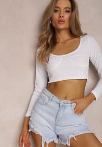 Renee - Biała Bluzka Fanodem. Kolor: biały. Materiał: jeans, dzianina. Długość: długie. Wzór: prążki. Styl: sportowy