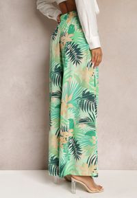Renee - Zielone Długie Spodnie High Waist z Szerokimi Nogawkami i printem w Kwiaty Yusia. Stan: podwyższony. Kolor: zielony. Długość: długie. Wzór: nadruk, kwiaty