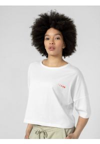 outhorn - T-shirt oversize z nadrukiem damski. Okazja: na co dzień. Materiał: bawełna, jersey. Długość: krótkie. Wzór: nadruk. Styl: casual #10