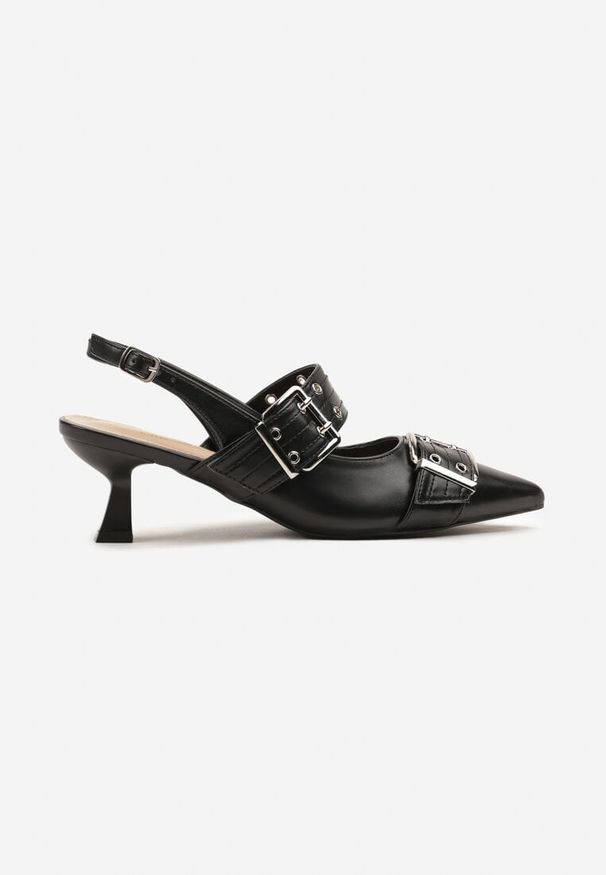 Renee - Czarne Sandały Slingback na Kaczuszce Zdobione Nitami i Klamrami Leaelia. Okazja: na co dzień. Zapięcie: klamry. Kolor: czarny. Wzór: aplikacja. Obcas: na szpilce. Styl: casual, elegancki