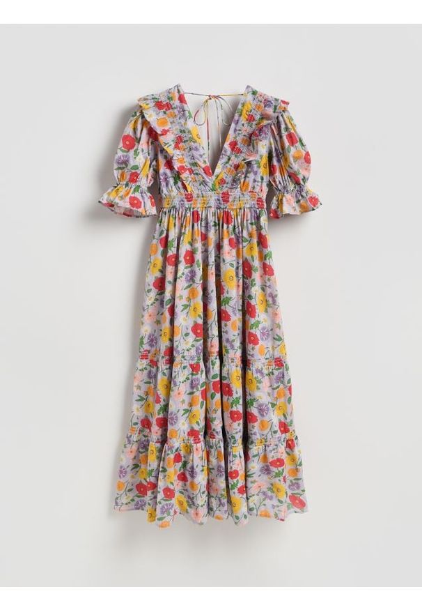 Reserved - Wzorzysta sukienka maxi - lawendowy. Kolor: fioletowy. Materiał: tkanina, bawełna. Długość: maxi