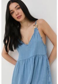 Patrizia Pepe sukienka midi rozkloszowana. Kolor: niebieski. Materiał: tkanina. Długość rękawa: na ramiączkach. Typ sukienki: rozkloszowane. Długość: midi #2