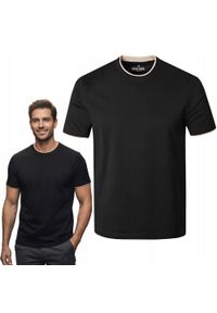 Jednokolorowa Koszulka z Lamówką - Pako Jeans - Czarny. Okazja: na co dzień. Kolor: czarny. Materiał: bawełna. Styl: casual #4