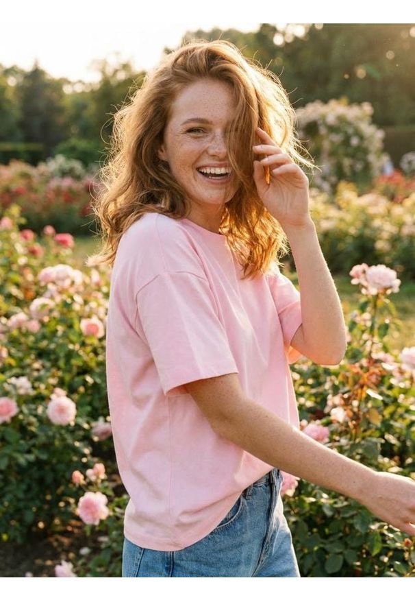 Sinsay - Bawełniana koszulka basic - różowy. Kolor: różowy. Materiał: bawełna