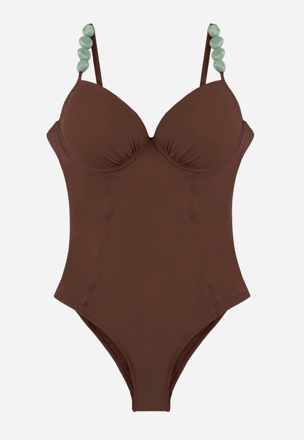 Born2be - Brązowy Strój Kąpielowy Ozdobiony Kamieniami Medorise. Kolekcja: plus size. Kolor: brązowy. Wzór: aplikacja