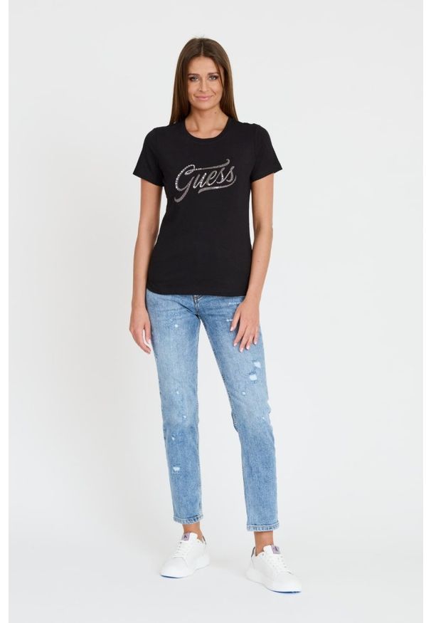 Guess - GUESS Czarny damski T-shirt bawełnany STONES&EMBRO TEE, Rozmiar S. Kolor: czarny