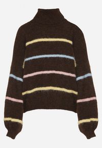 Born2be - Brązowy Golf z Wełną Ozdobiony Paskami Reisorria. Okazja: na spacer, na co dzień. Typ kołnierza: golf. Kolor: brązowy. Materiał: wełna. Wzór: aplikacja. Styl: casual #7