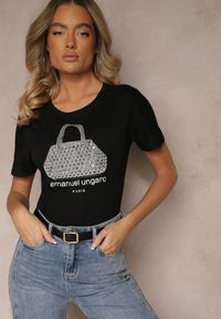 Renee - Czarny T-shirt z Bawełny z Napisem i Cyrkoniami Sanadriena. Okazja: na co dzień. Kolor: czarny. Materiał: bawełna. Wzór: napisy. Styl: klasyczny, casual, elegancki #1