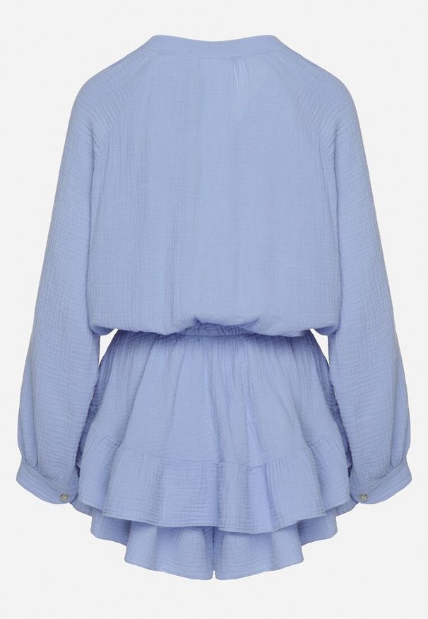 Born2be - Niebieski Wiązany Bawełniany Kombinezon Boho z Falbankami i Wiązaniem Lalelia. Kolor: niebieski. Materiał: bawełna. Sezon: lato. Styl: boho